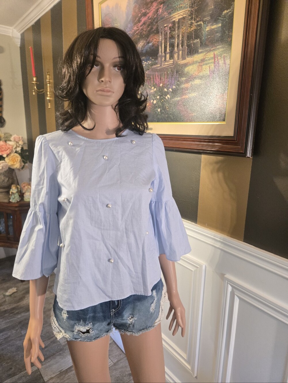 Zara Light Blue Pearl-Embellished Bell-Sleeve Blouse